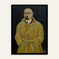 Painted male portrait artwork by Vajwala, figure in a mustard trench coat and round glasses against a dark ground
