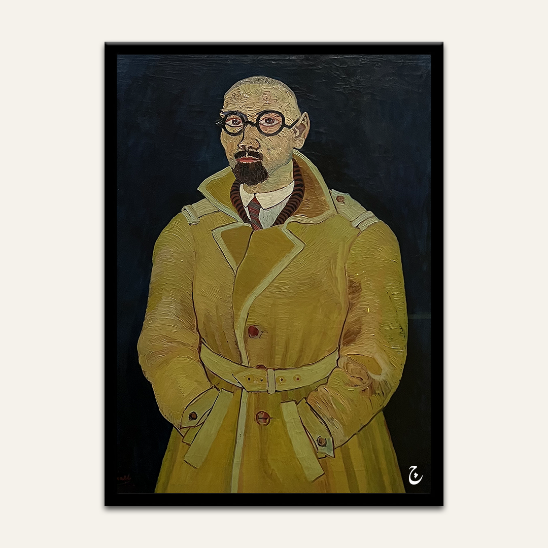 Painted male portrait artwork by Vajwala, figure in a mustard trench coat and round glasses against a dark ground