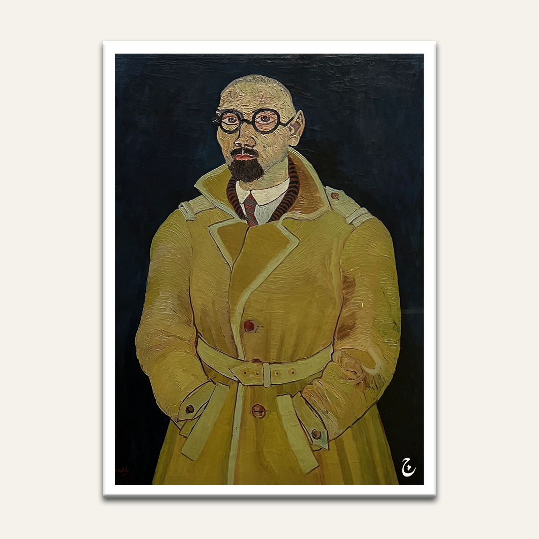 Painted male portrait artwork by Vajwala, figure in a mustard trench coat and round glasses against a dark ground