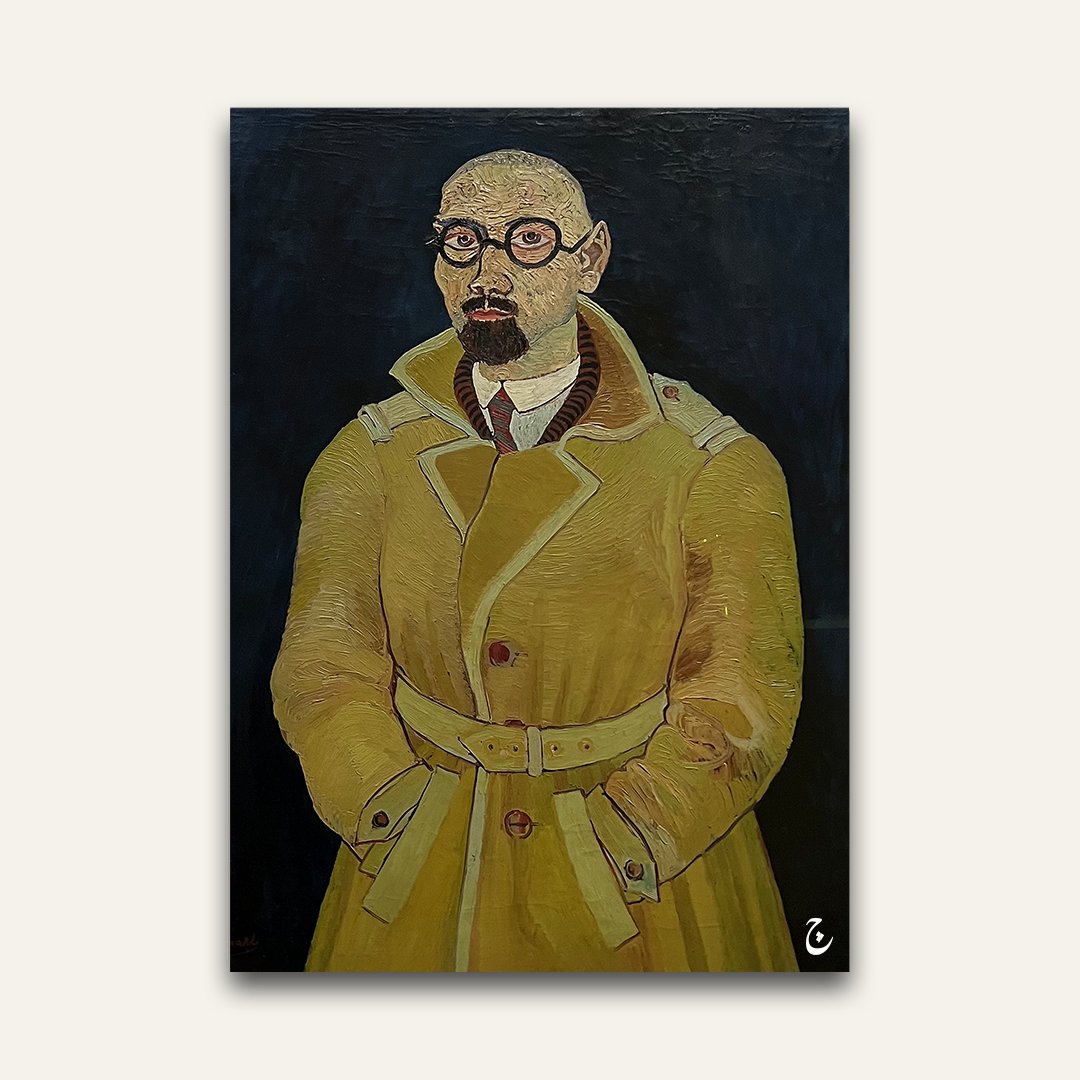 Painted male portrait artwork by Vajwala, figure in a mustard trench coat and round glasses against a dark ground
