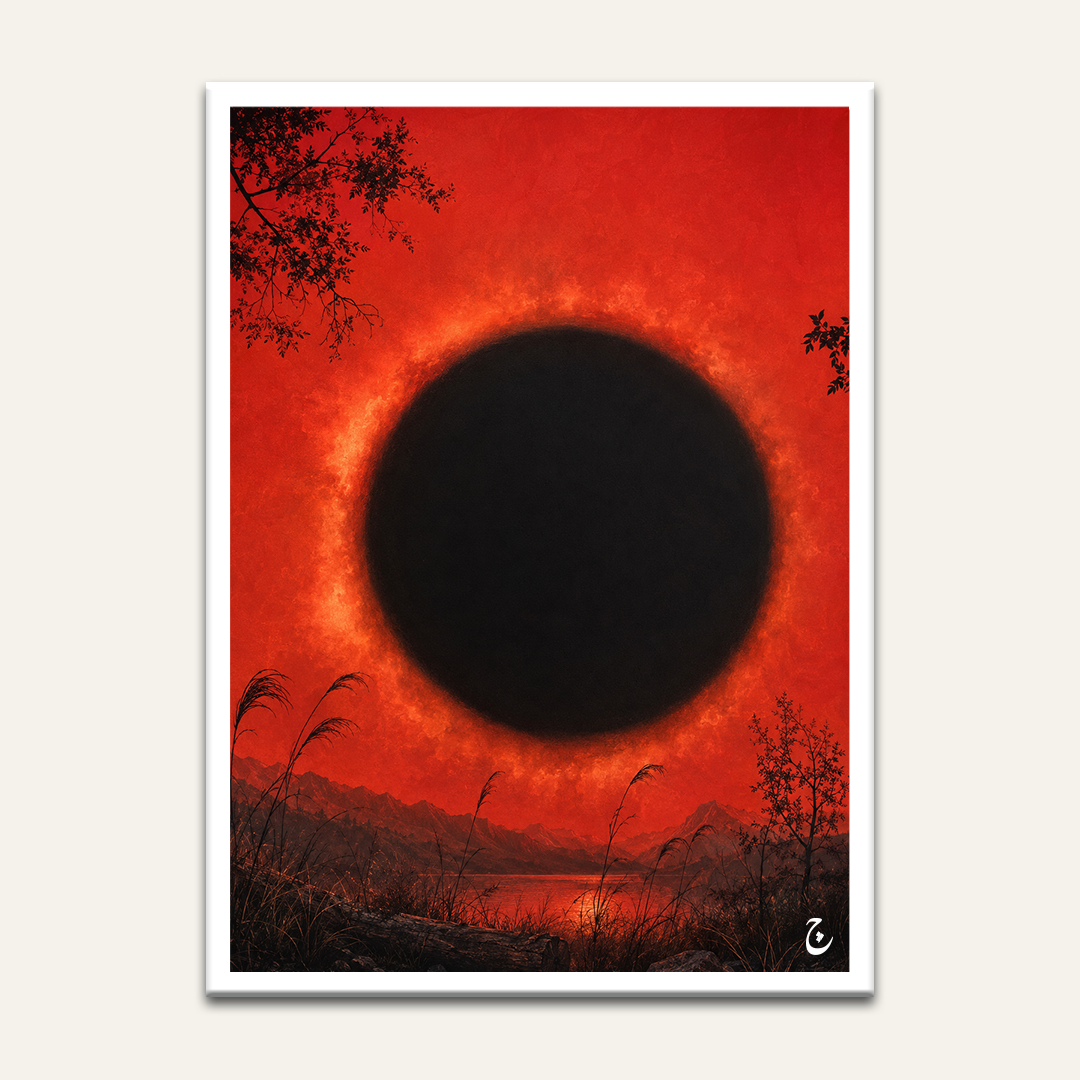 Surreal eclipse artwork by Vajwala, black sun over a red sky and mountain lake with dark reeds