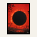 Surreal eclipse artwork by Vajwala, black sun over a red sky and mountain lake with dark reeds