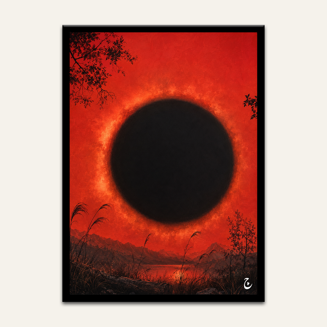 Surreal eclipse artwork by Vajwala, black sun over a red sky and mountain lake with dark reeds