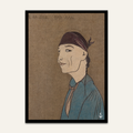 Line-drawn profile portrait artwork by Vajwala, figure in indigo smock and plum head wrap on raw linen ground