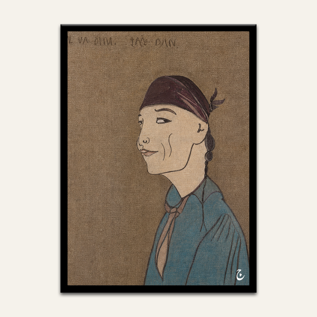Line-drawn profile portrait artwork by Vajwala, figure in indigo smock and plum head wrap on raw linen ground