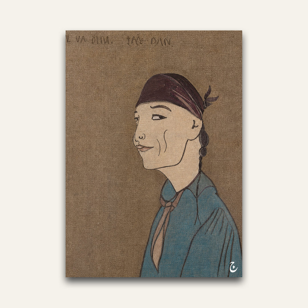 Line-drawn profile portrait artwork by Vajwala, figure in indigo smock and plum head wrap on raw linen ground
