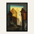 Cubist townscape artwork by Vajwala, angular ochre and rust rooftops with blue windows under a yellow sky