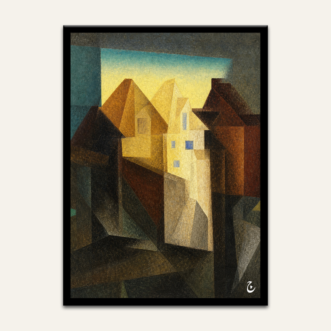 Cubist townscape artwork by Vajwala, angular ochre and rust rooftops with blue windows under a yellow sky