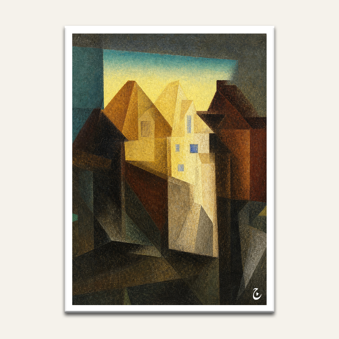 Cubist townscape artwork by Vajwala, angular ochre and rust rooftops with blue windows under a yellow sky
