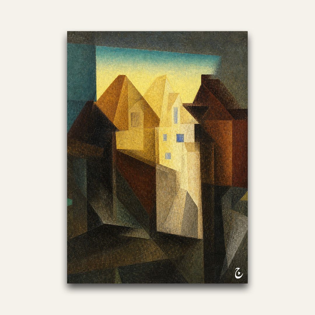Cubist townscape artwork by Vajwala, angular ochre and rust rooftops with blue windows under a yellow sky
