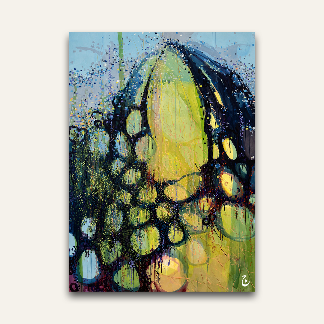 Organic botanical artwork by Vajwala, chartreuse and black wing-like forms with scattered blue dots on pale sky