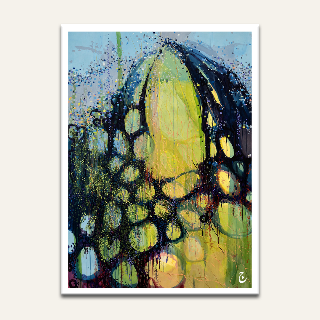 Organic botanical artwork by Vajwala, chartreuse and black wing-like forms with scattered blue dots on pale sky