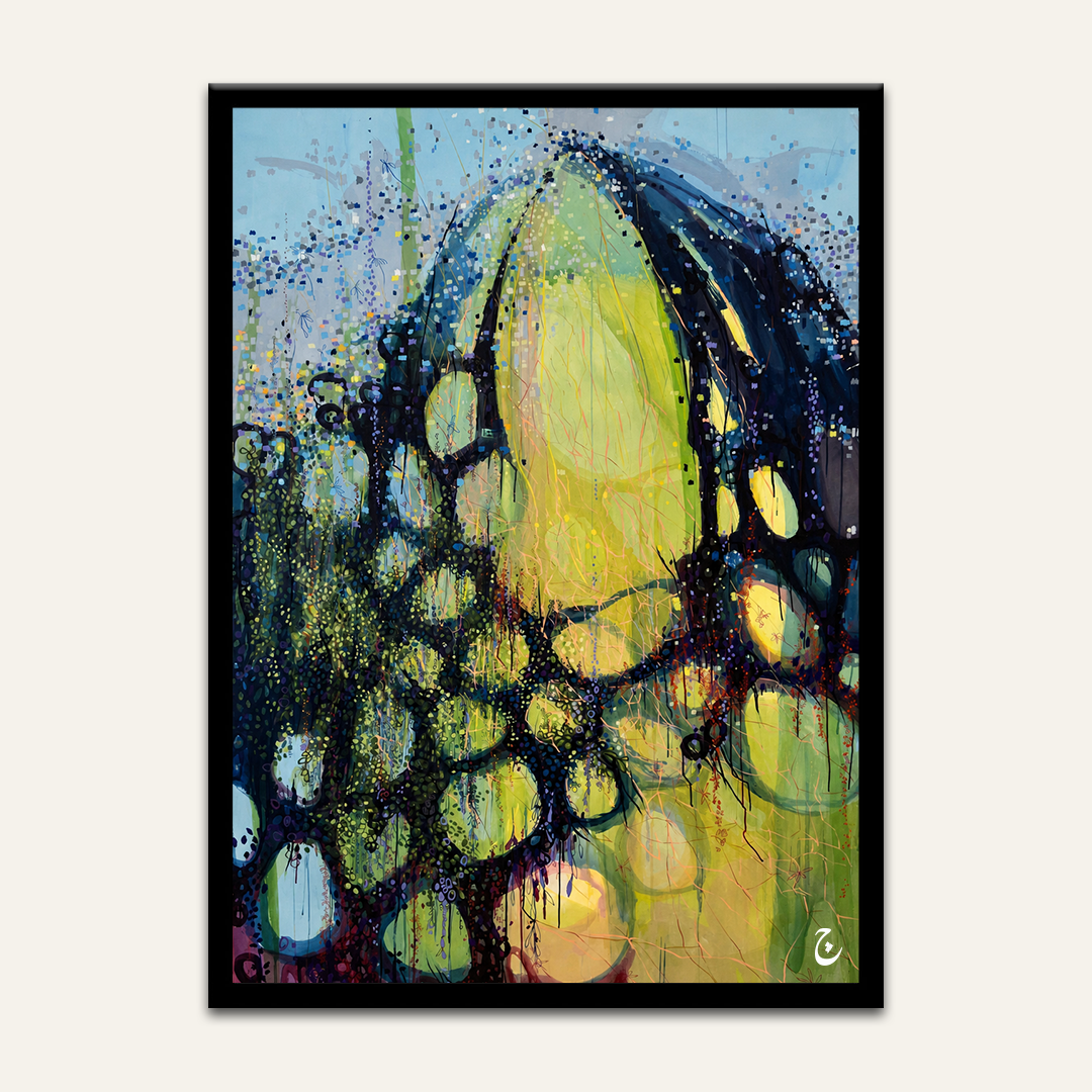 Organic botanical artwork by Vajwala, chartreuse and black wing-like forms with scattered blue dots on pale sky