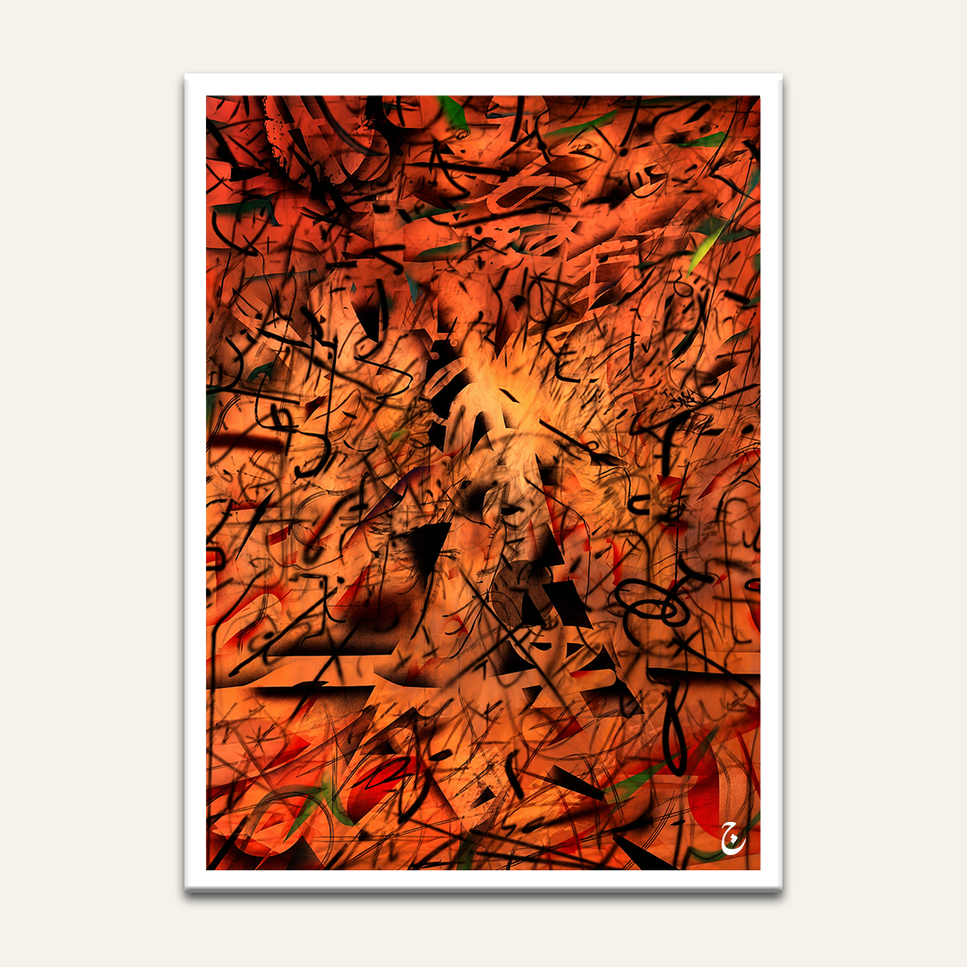 Calligraphic abstract artwork by Vajwala, dense black brush marks layered over burnt orange with green accents