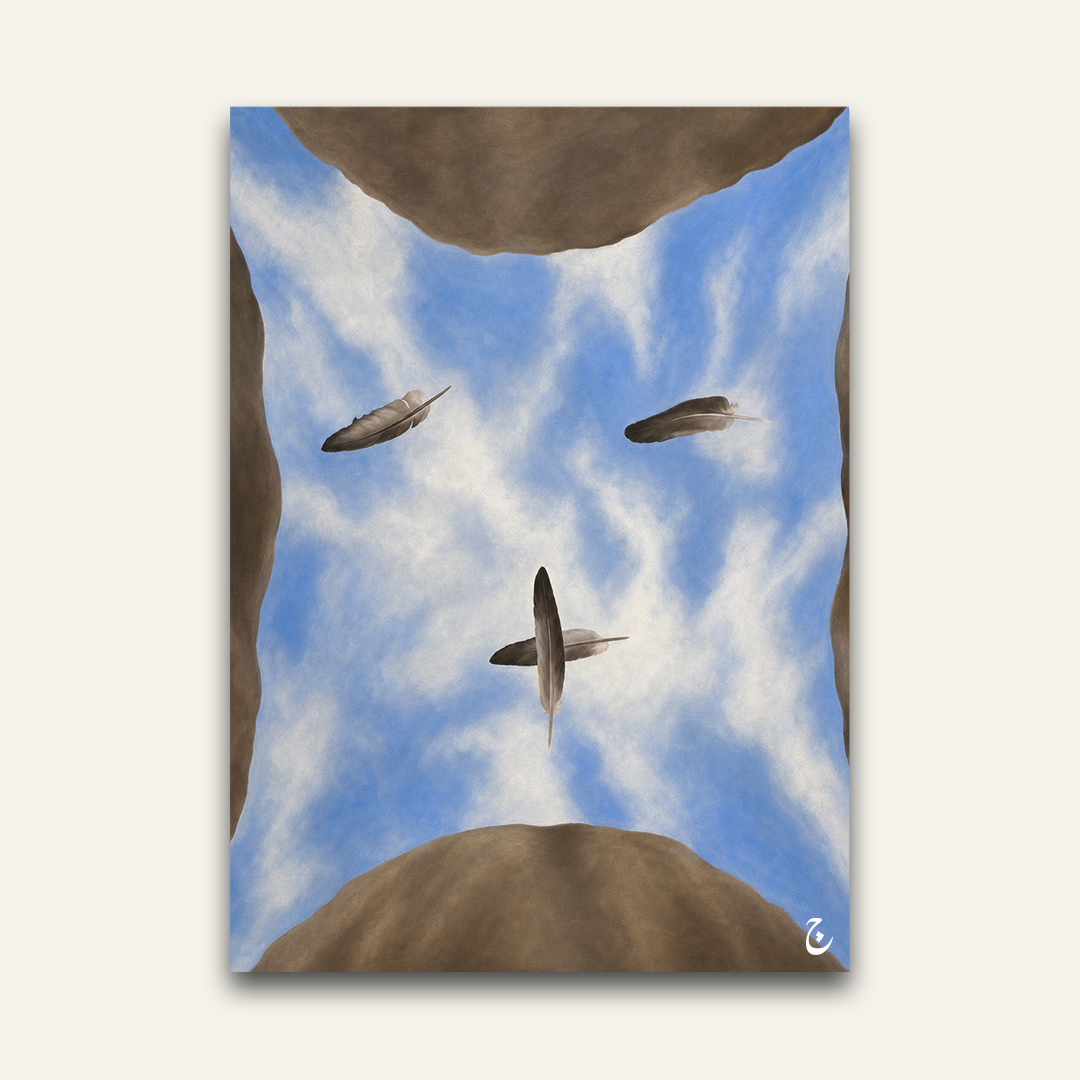 Surreal sky artwork by Vajwala, three feathers floating in a blue and white sky framed by brown rock walls