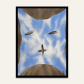Surreal sky artwork by Vajwala, three feathers floating in a blue and white sky framed by brown rock walls