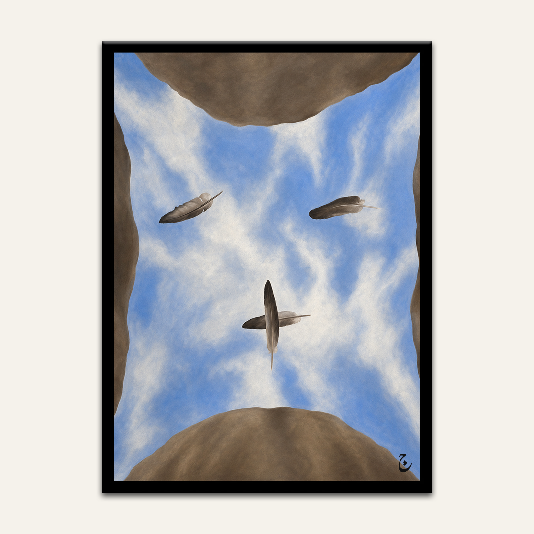 Surreal sky artwork by Vajwala, three feathers floating in a blue and white sky framed by brown rock walls