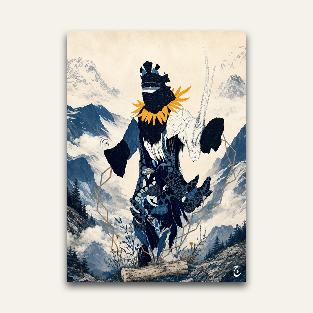 Surreal collage artwork by Vajwala, masked figure in indigo patterned cloth with marigold collar walking an alpine ridge