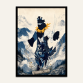 Surreal collage artwork by Vajwala, masked figure in indigo patterned cloth with marigold collar walking an alpine ridge