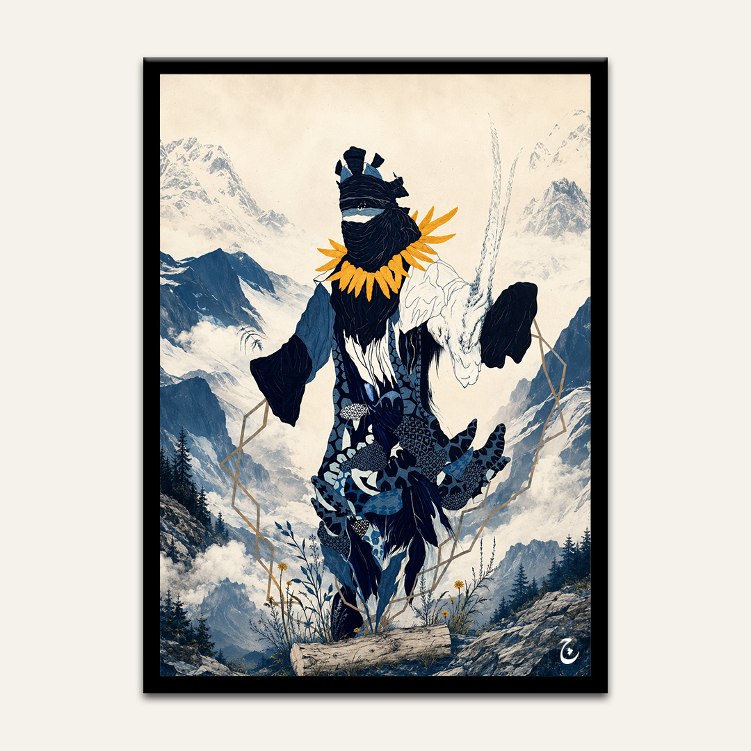Surreal collage artwork by Vajwala, masked figure in indigo patterned cloth with marigold collar walking an alpine ridge